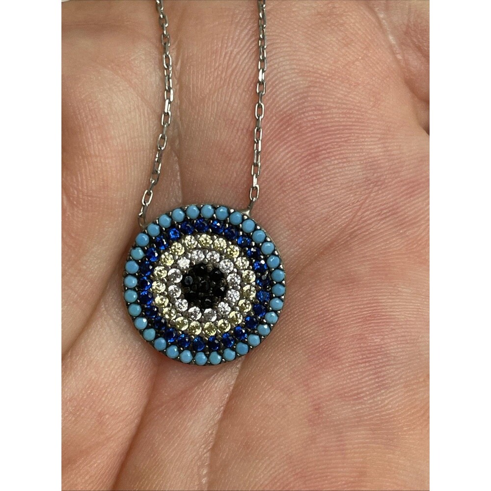 Turkish Handmade 925 Sterling Silver Turquoise / Cz  Evil Eye Necklace 16-18"